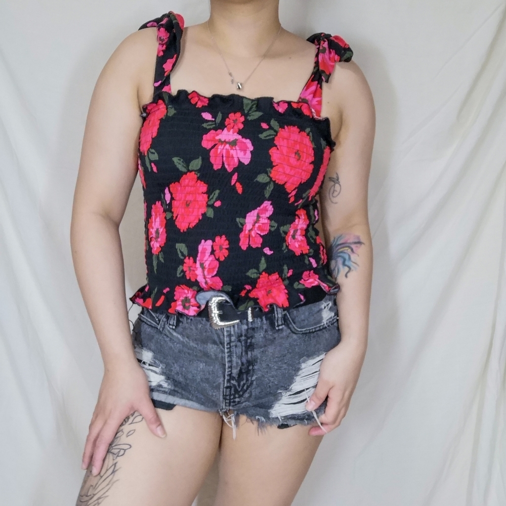Brave Soul Black Floral Frill Top With Tie Straps